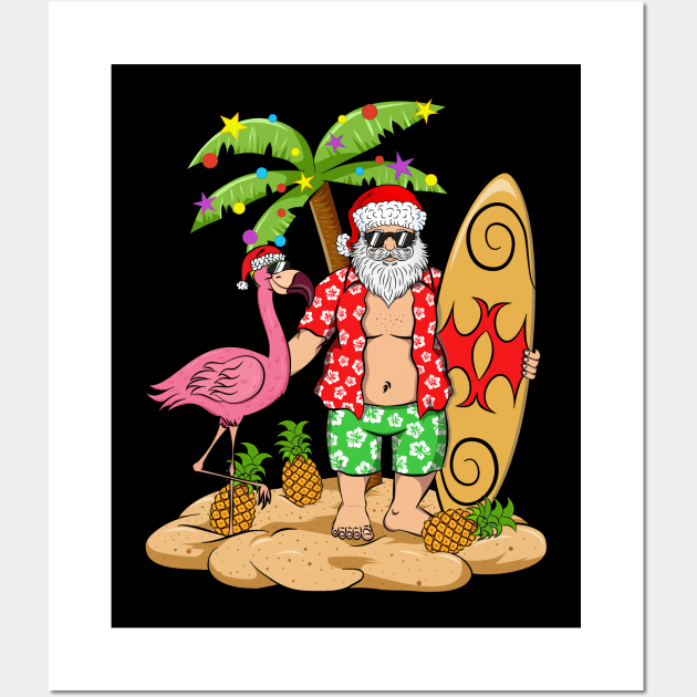 Santa with Pink Flamingo and Pineapples Christmas Wall Art by silentsoularts